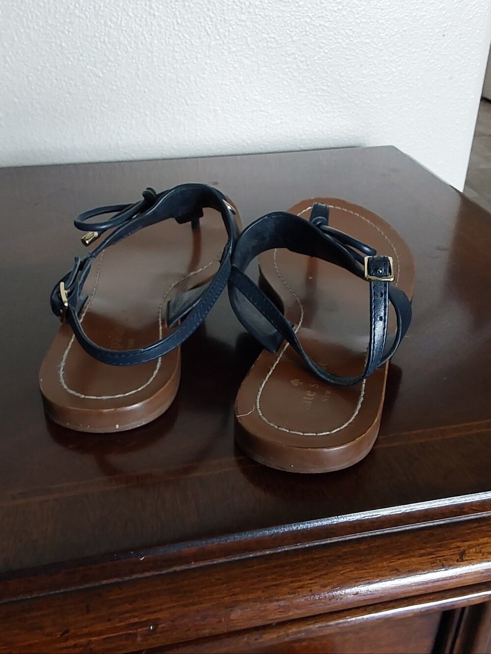 kate spade Black Strappy Carolina Leather Thong Sandals with Brown Footbed